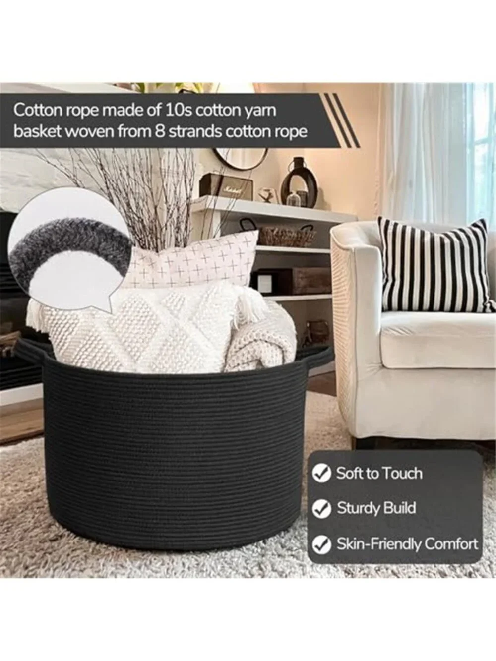 New XXXLarge Woven Rope Blanket Basket Living Room Black, 90L